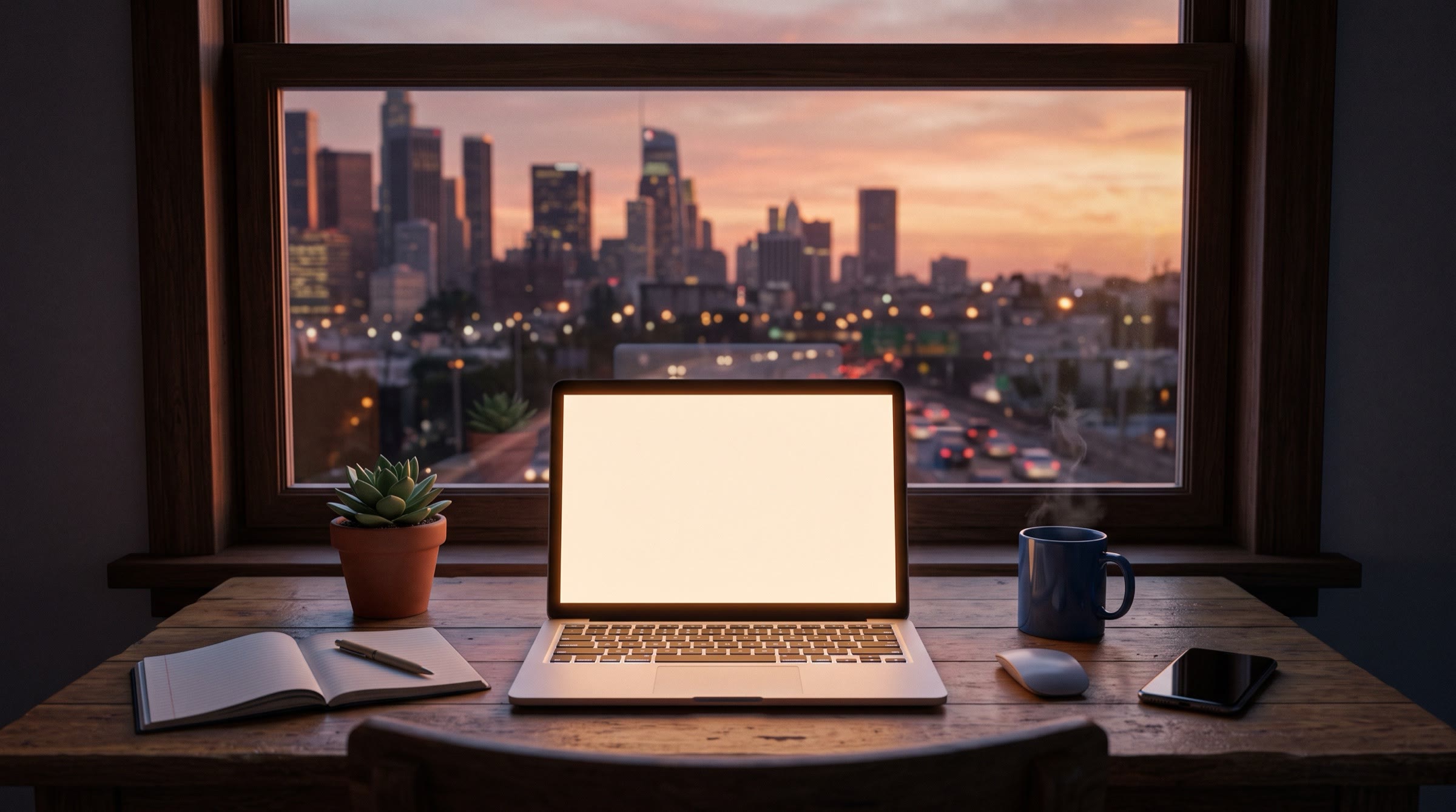 A desk at dusk with a laptop and phone — the view an observer on the same network has